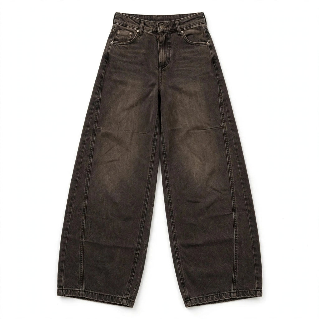 COMPLETO 2 PEZZI DENIM SLAVATO MARRONE - Giacca Crop + Jeans Wide Leg Baggy Phard ragazza