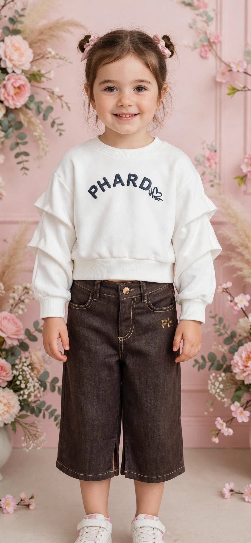 FELPA CROP BIANCA PHARD CON MANICA A SBUFFO PIEGHETTATA DA BAMBINA
