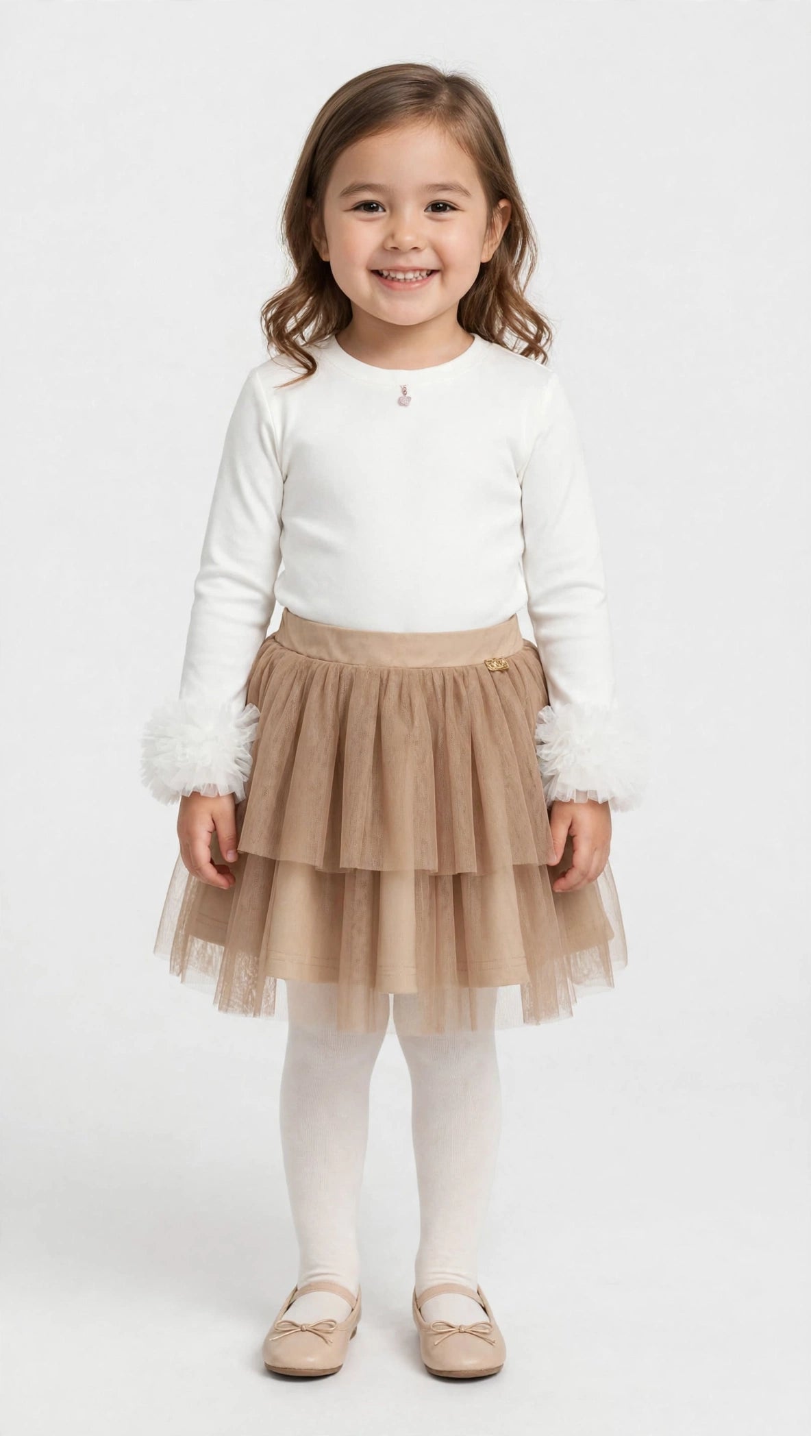 COORDINATO BAMBINA - MAGLIA CON ROUCHES + GONNA TULLE BEIGE