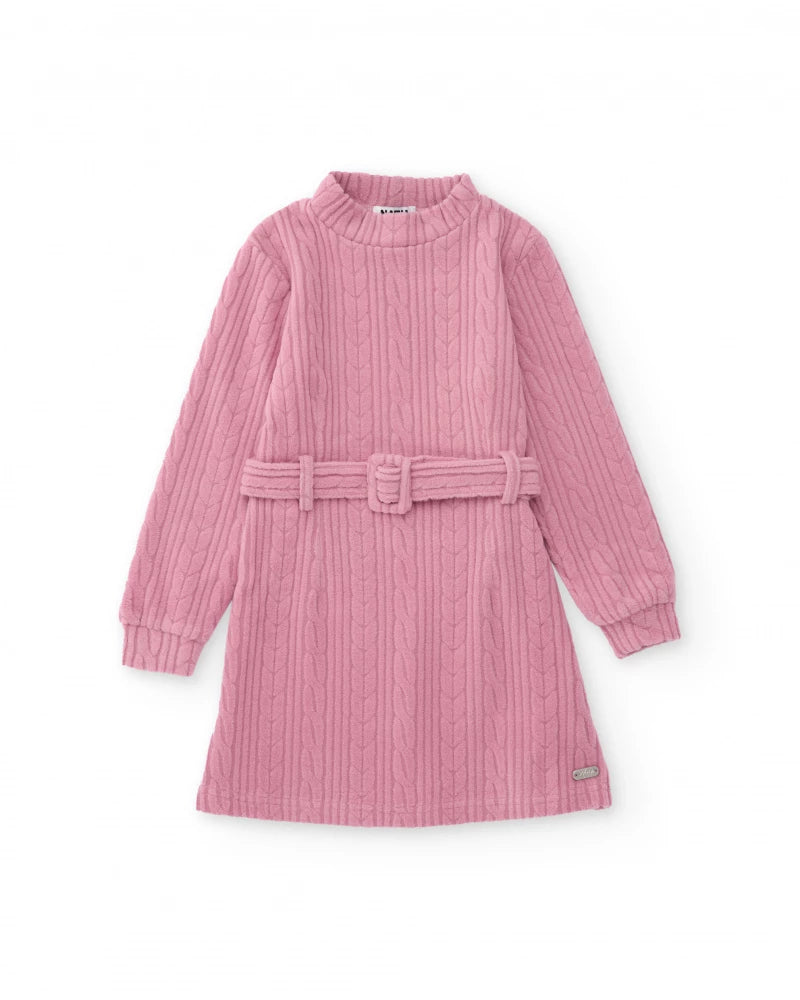 Abito in maglia rosa con cintura per bambina