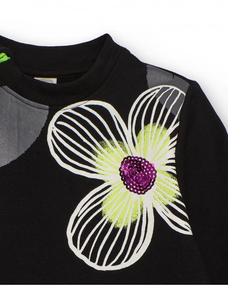 Abito per bambina nero con fiori stampati e paillettes