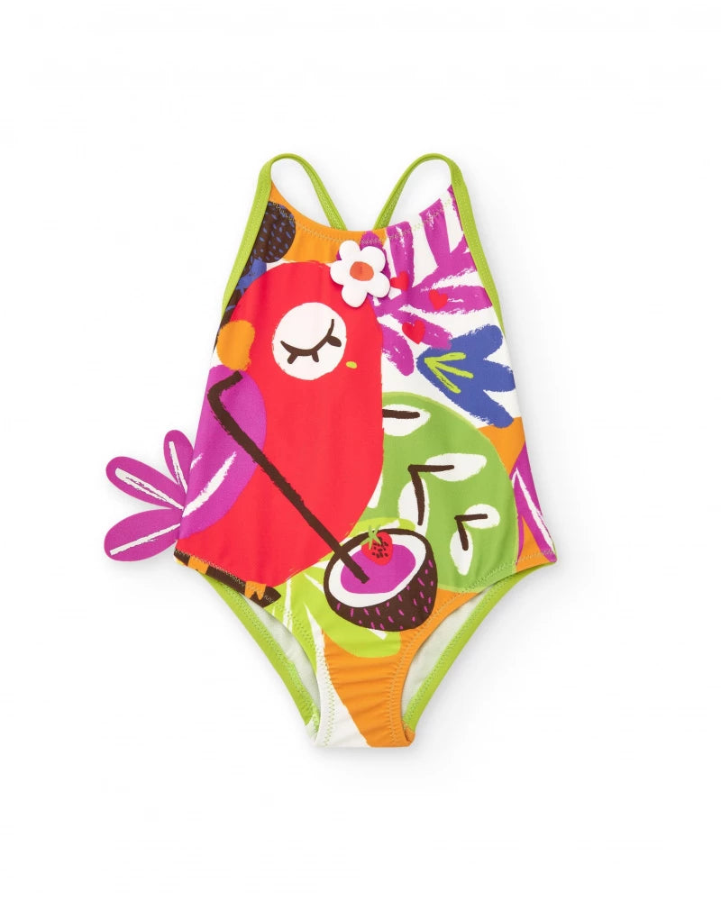 Costume da bagno per bambina con pappagallo tropicale e dettagli floreali