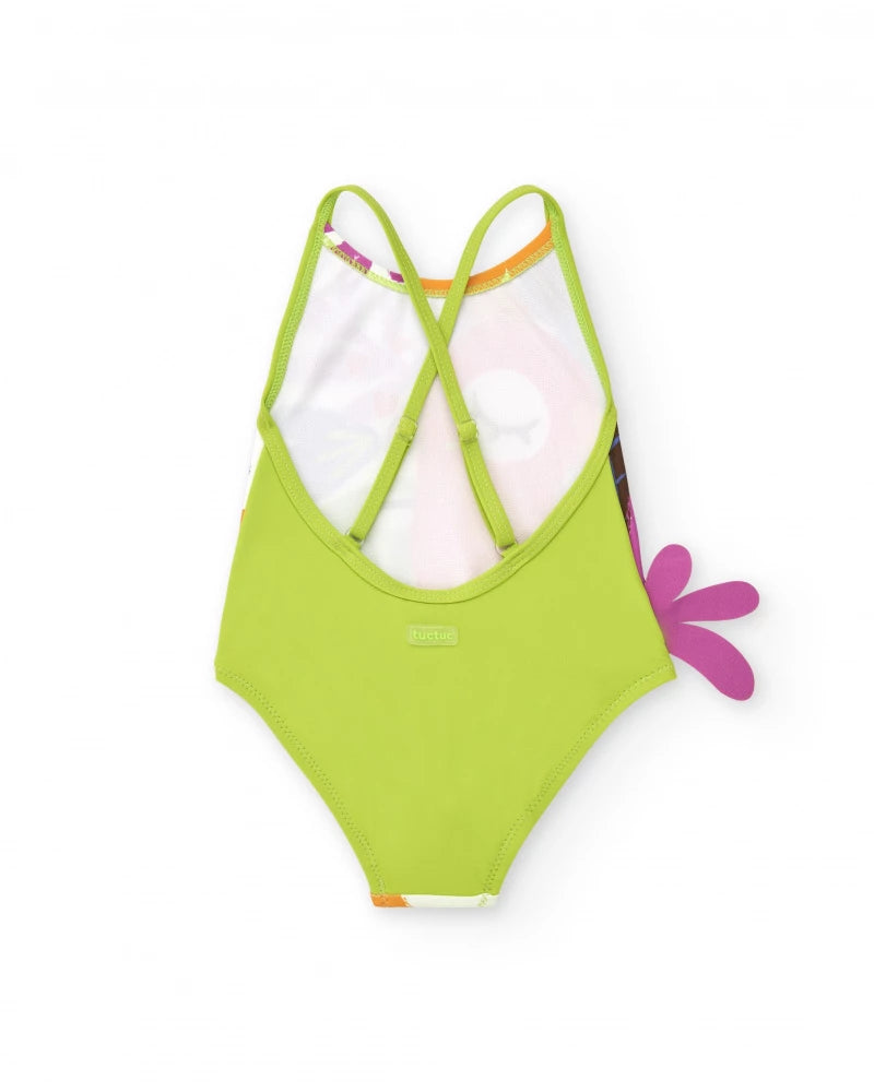 Costume da bagno per bambina con pappagallo tropicale e dettagli floreali
