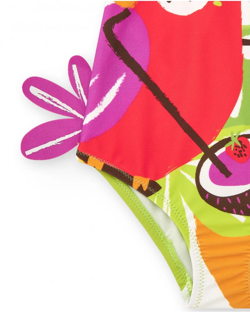 Costume da bagno per bambina con pappagallo tropicale e dettagli floreali