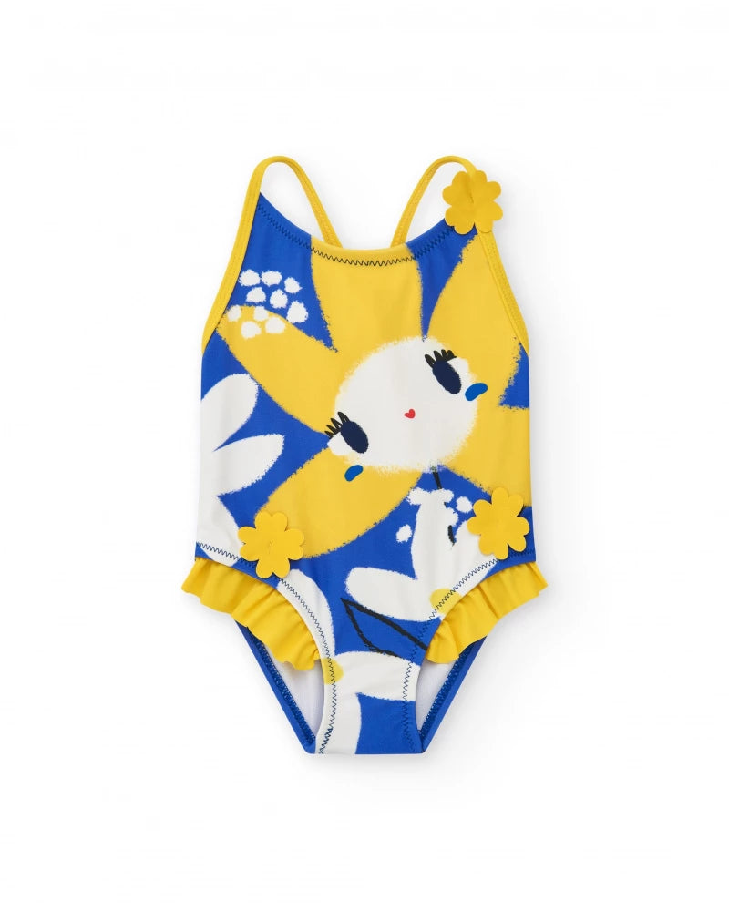 Costume da bagno per bambina gialla con fiori e dettagli 3D
