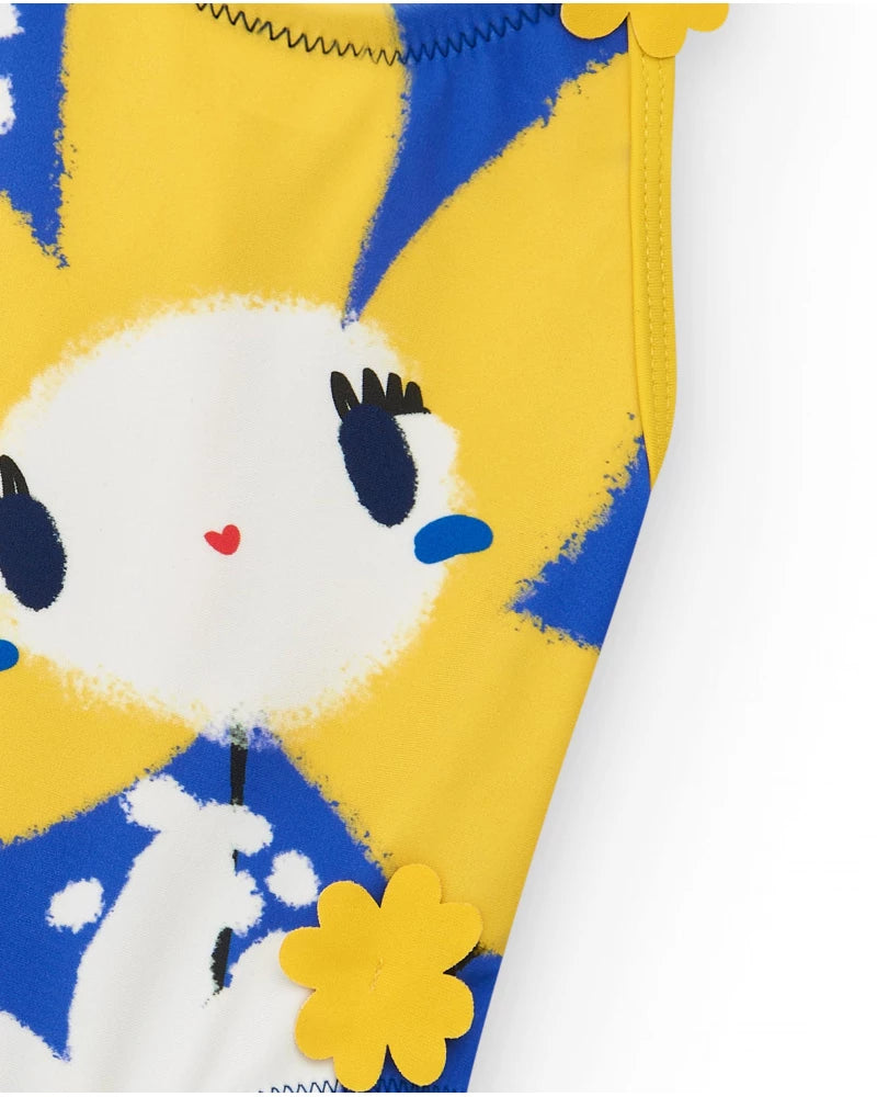 Costume da bagno per bambina gialla con fiori e dettagli 3D