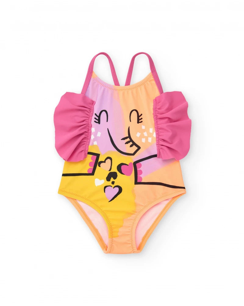 Costume da bagno per bambina rosa con elefante e cuori