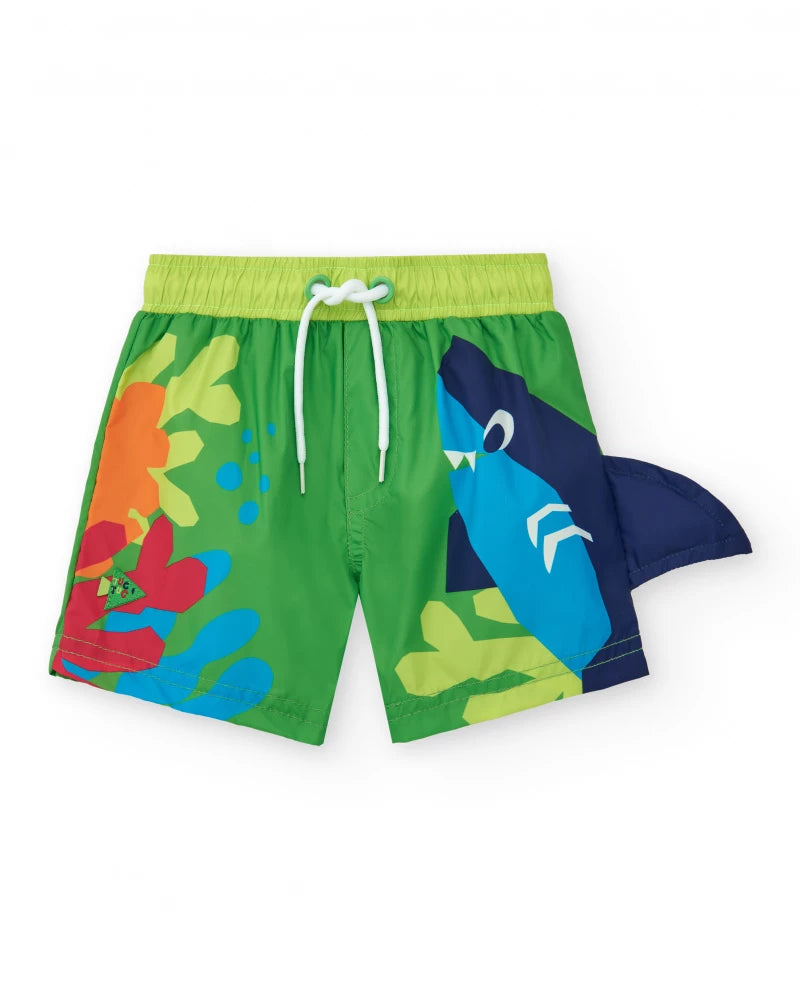 Pantaloncini da bagno verdi per bambini con squalo e pinna