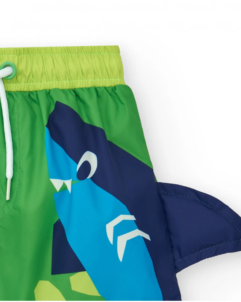 Pantaloncini da bagno verdi per bambini con squalo e pinna