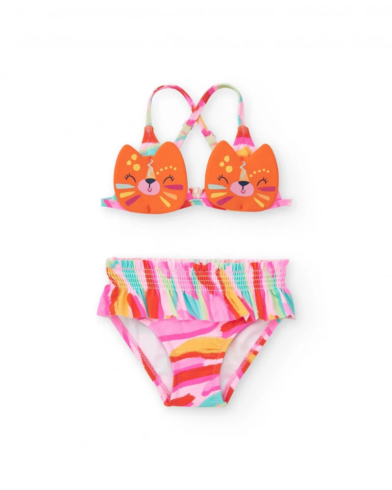 Bikini arancione per bambina con faccia di gatto e spalline regolabili
