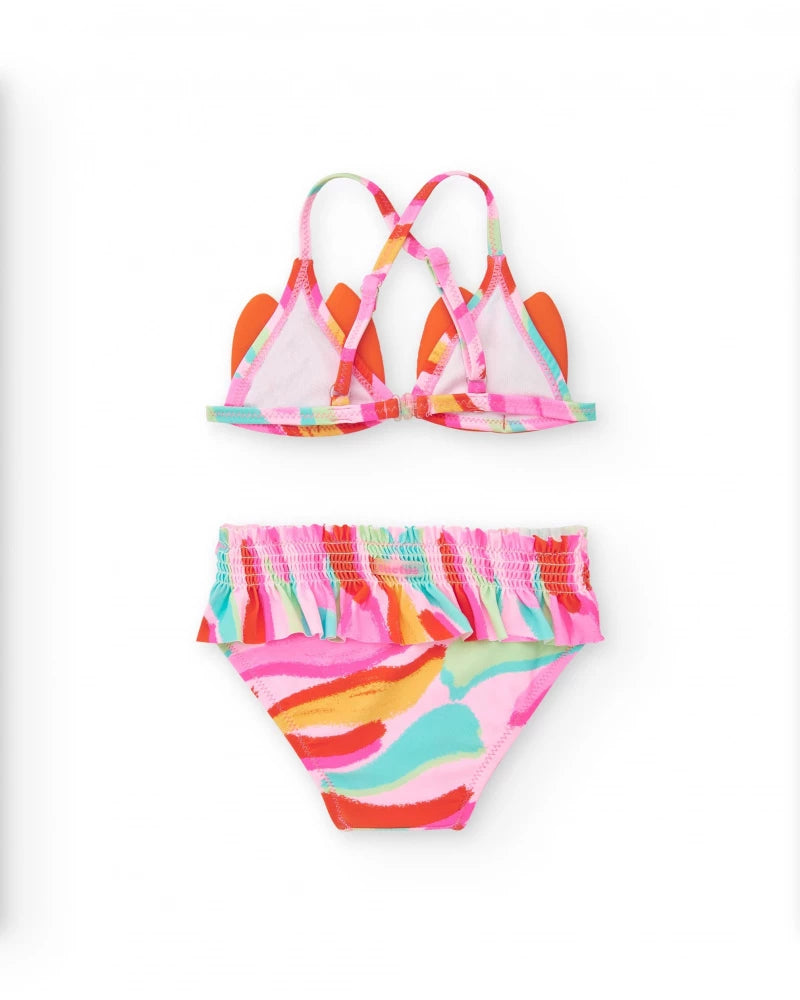 Bikini arancione per bambina con faccia di gatto e spalline regolabili
