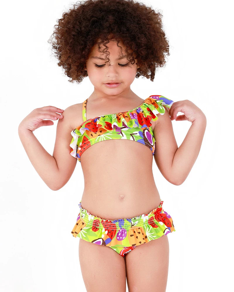 Bikini per bambina con stampa di frutta e dettagli arricciati