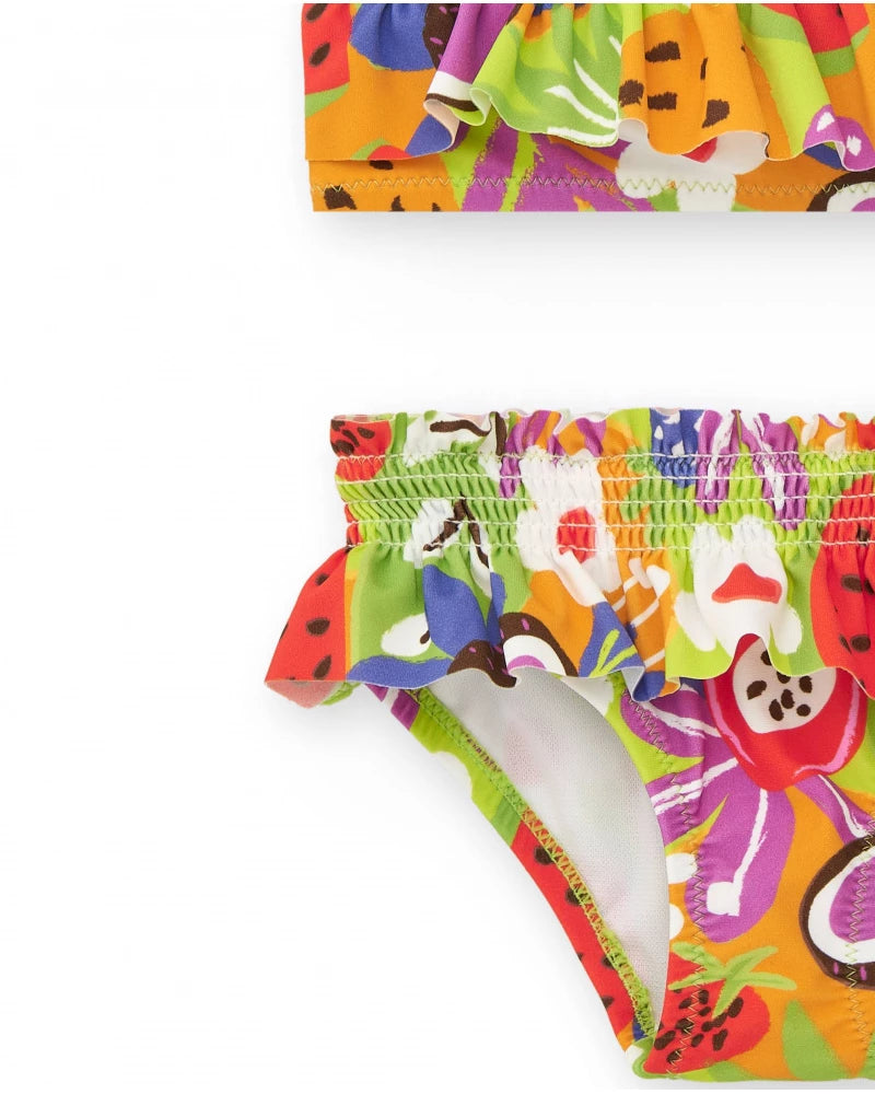 Bikini per bambina con stampa di frutta e dettagli arricciati