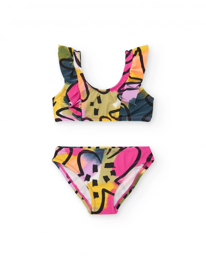 Bikini per bambina lilla con stampa multicolore