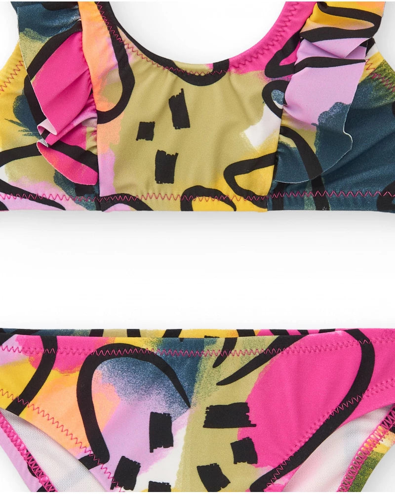 Bikini per bambina lilla con stampa multicolore