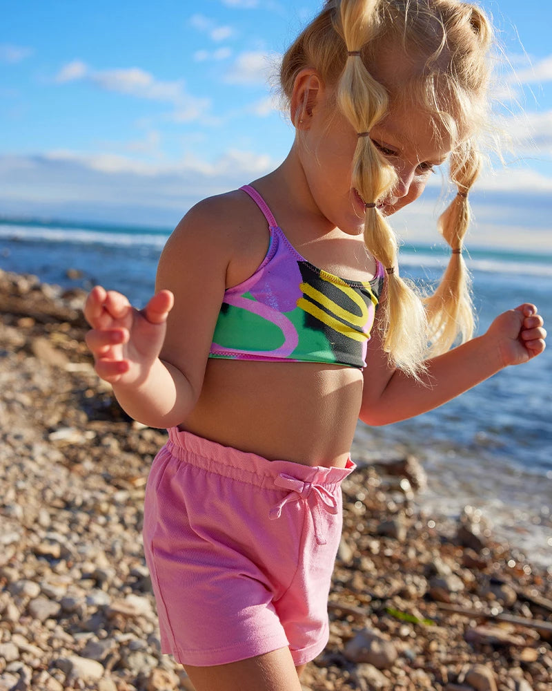 Bikini per bambina rosa con arcobaleno double face