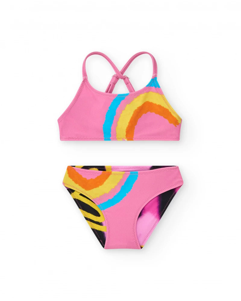 Bikini per bambina rosa con arcobaleno double face