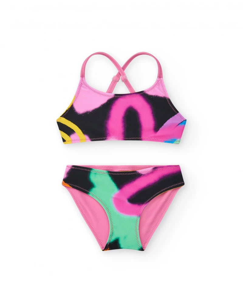 Bikini per bambina rosa con arcobaleno double face