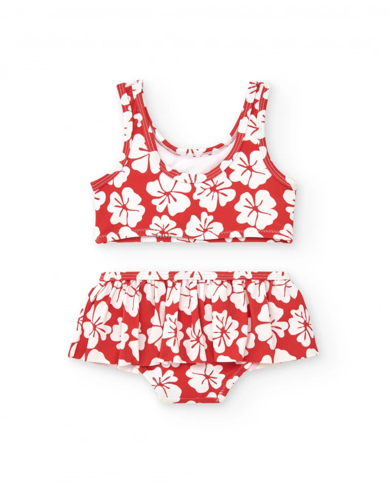 Bikini per bambina rosso con stampa floreale e volant