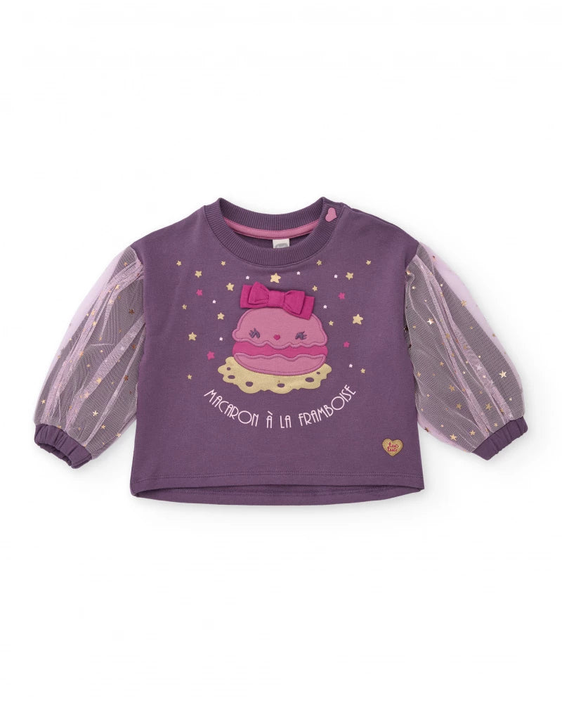 Felpa  in maglia per bambina viola con maniche in tulle stampato.