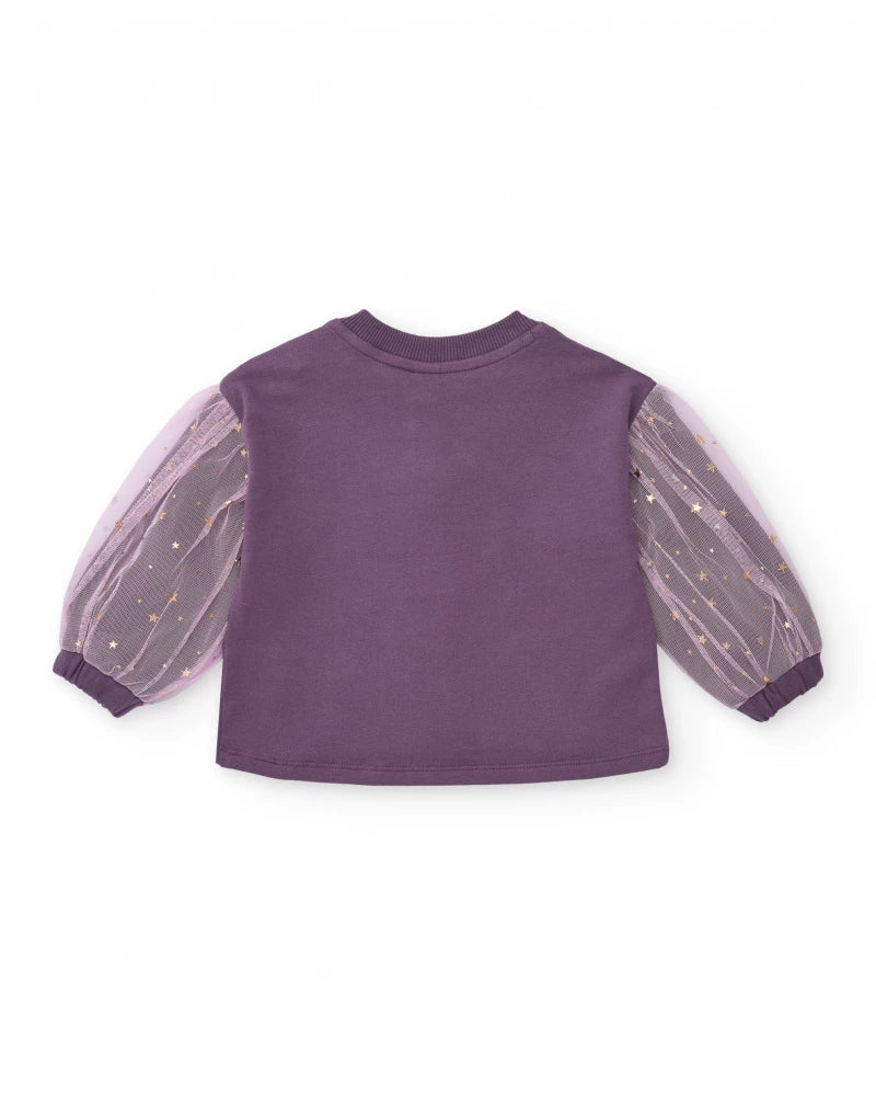 Felpa  in maglia per bambina viola con maniche in tulle stampato.