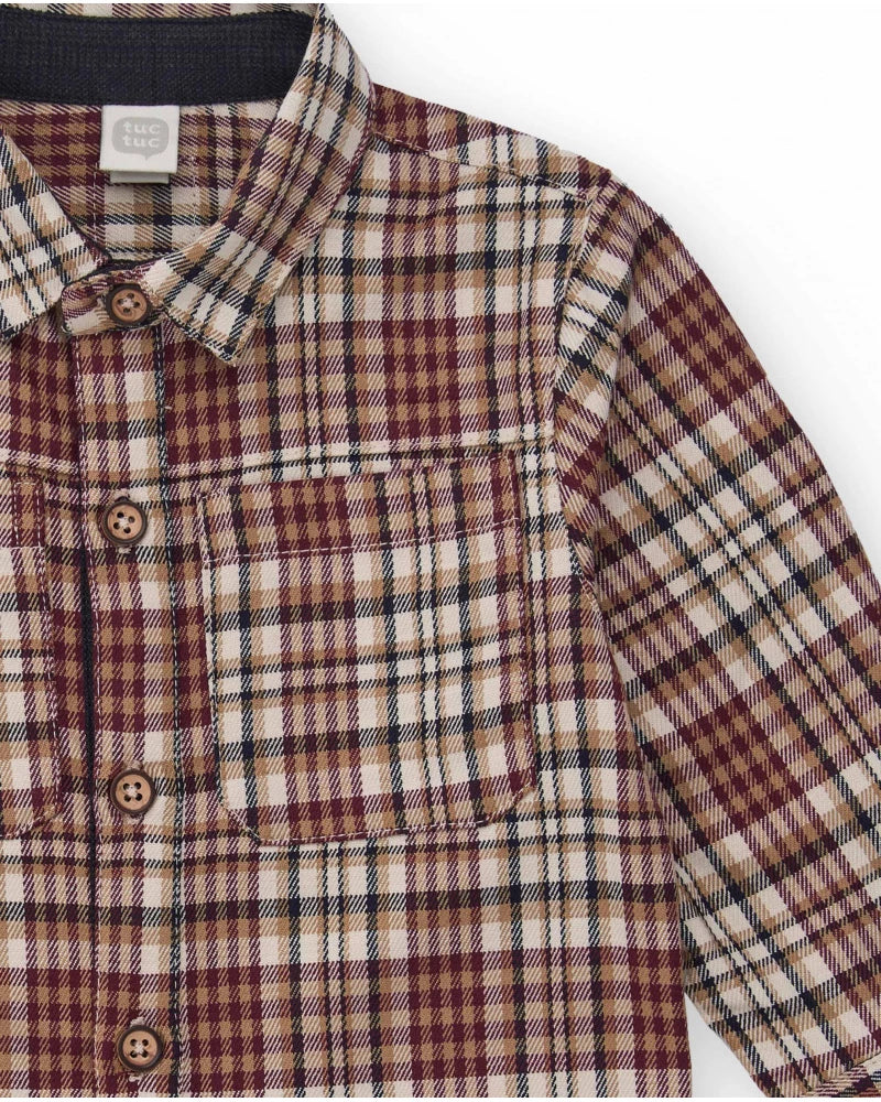 Camicia a maniche lunghe per bambino in bordeaux con motivo a quadri