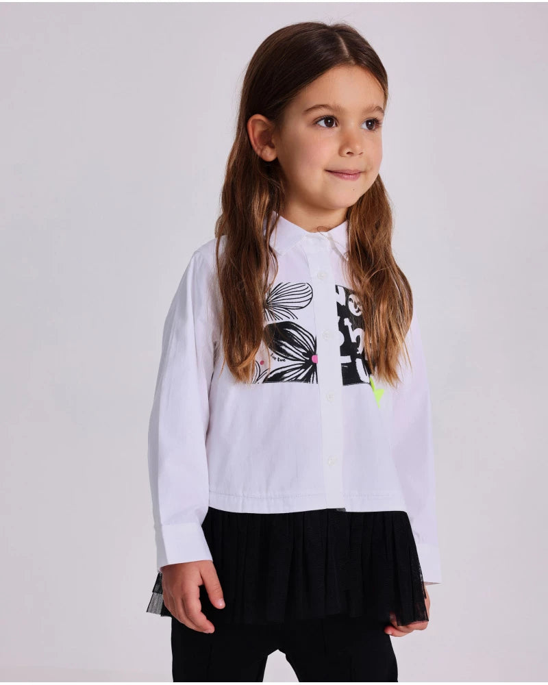 Camicia bambina in bianco con gonna in tulle nero e stampa divertente