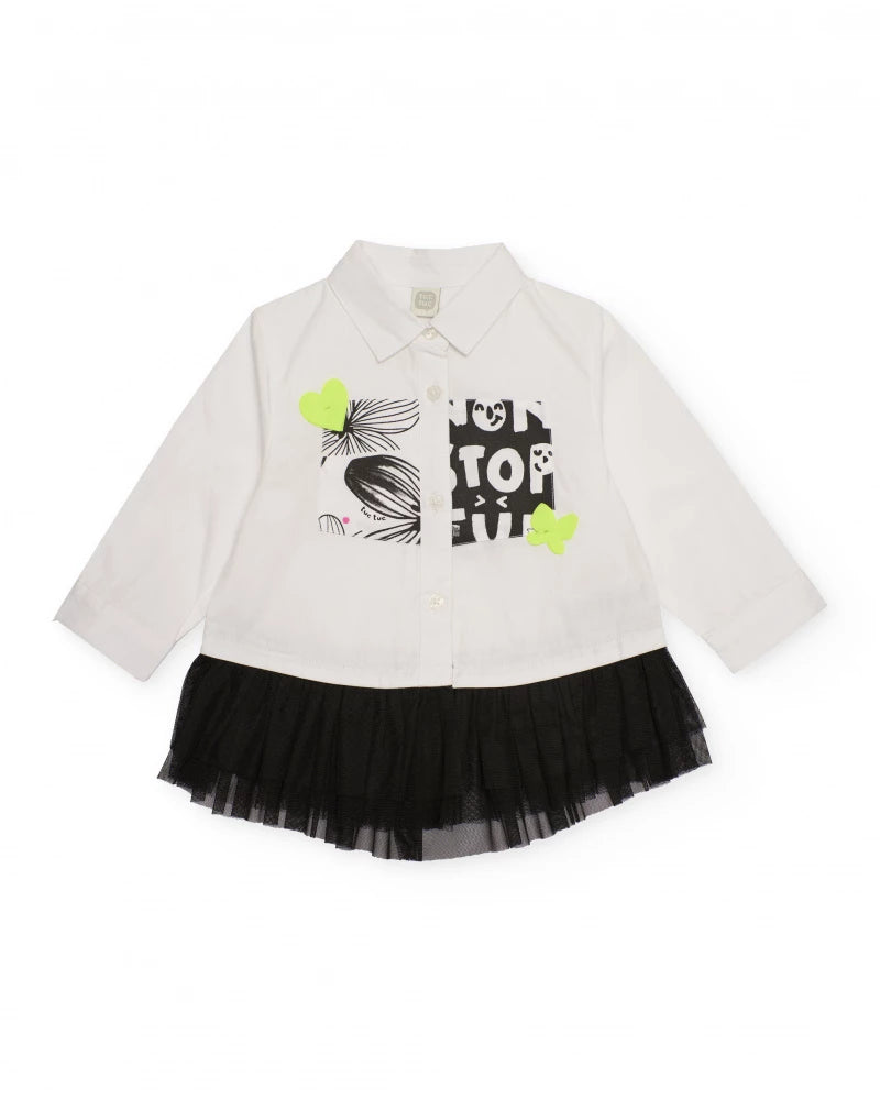 Camicia bambina in bianco con gonna in tulle nero e stampa divertente