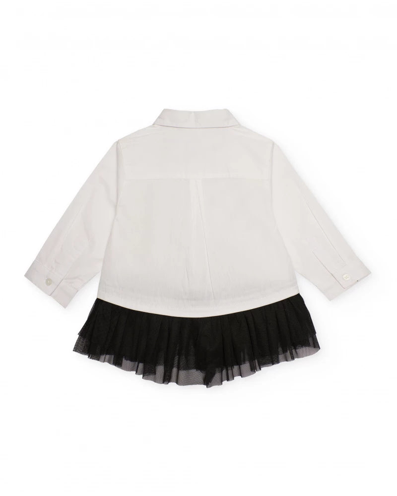 Camicia bambina in bianco con gonna in tulle nero e stampa divertente