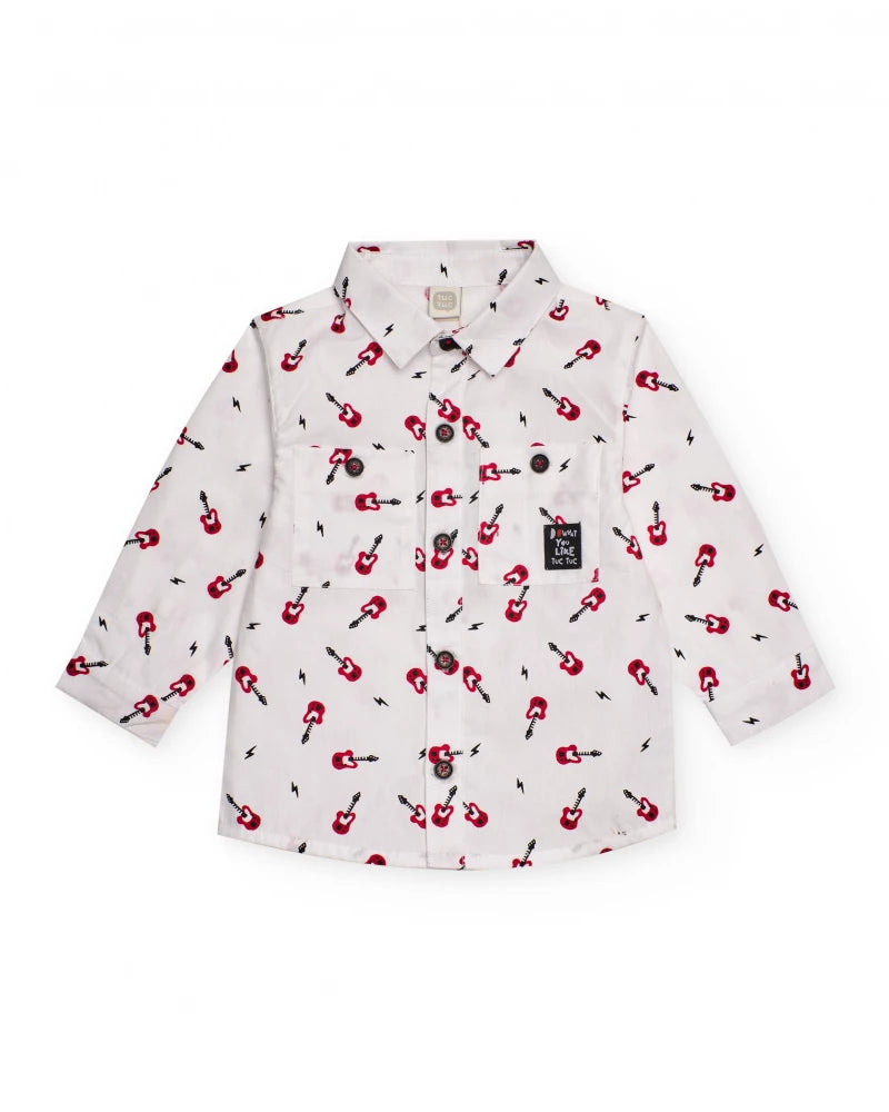 Camicia bianca per bambino con stampa di chitarre.