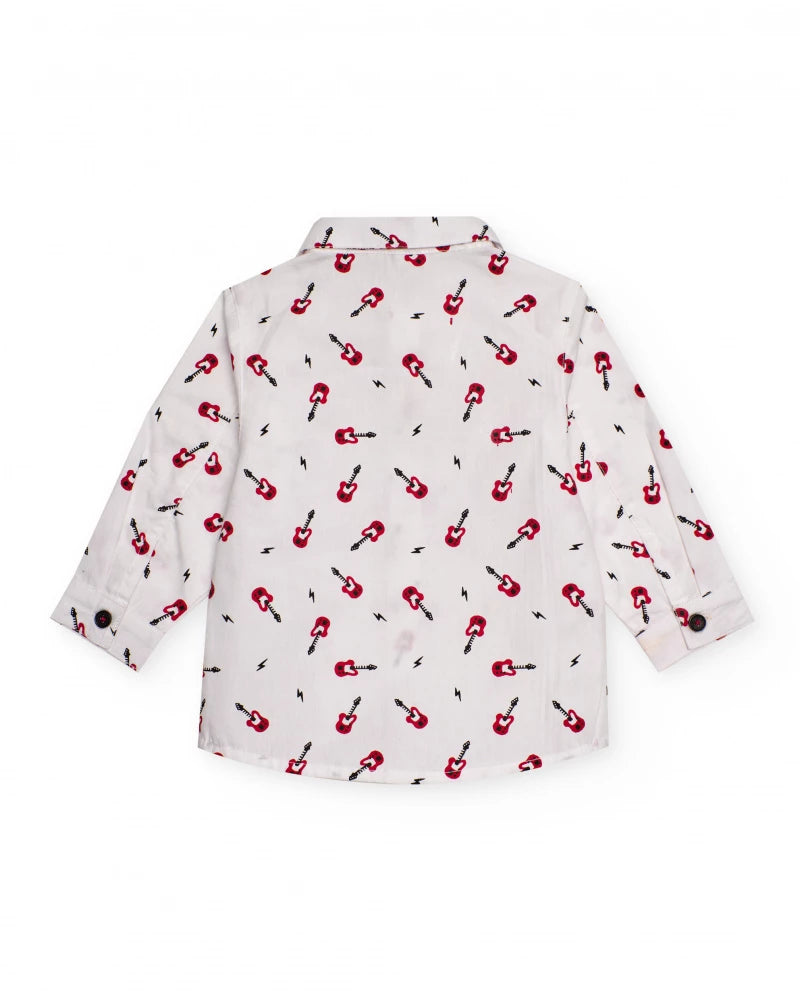 Camicia bianca per bambino con stampa di chitarre.