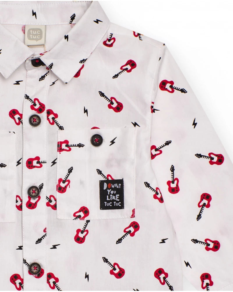 Camicia bianca per bambino con stampa di chitarre.