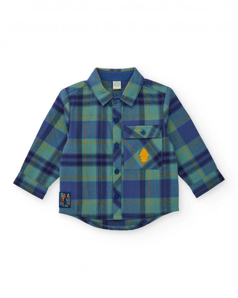 Camicia in flanella per bambino a quadri blu e verde con patch di albero.