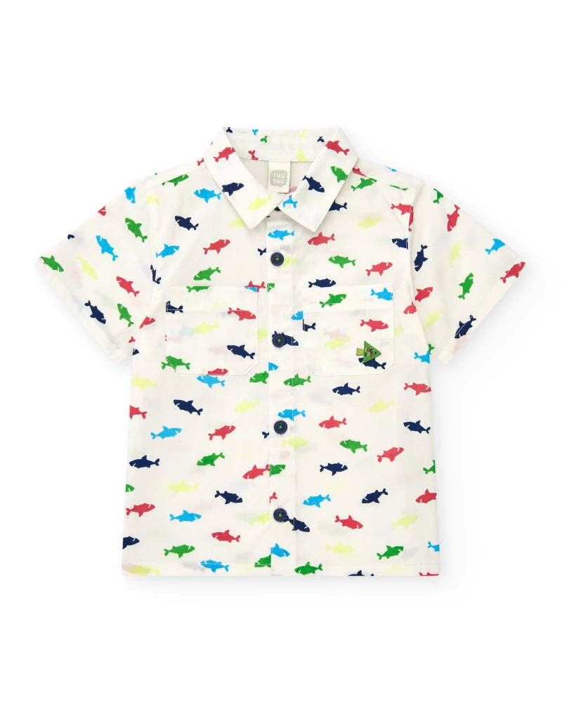 Camicia per bambino bianca con squali multicolori