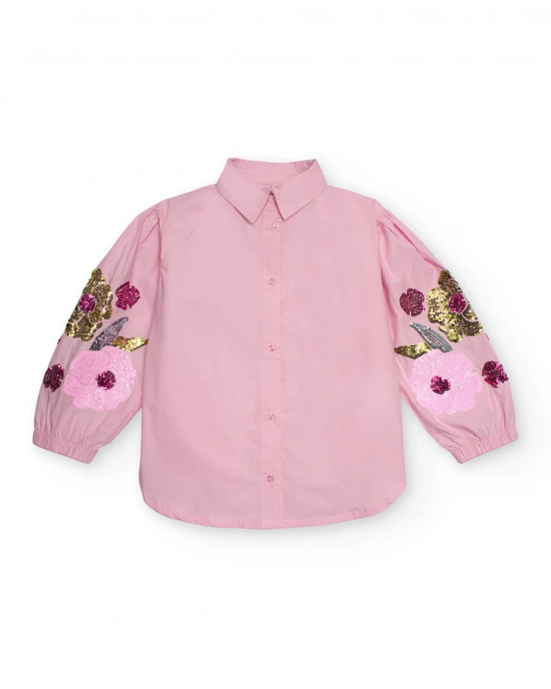 Camicia rosa per bambina con ricamo floreale sulle maniche