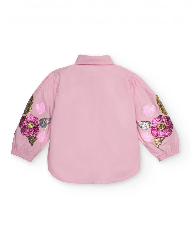 Camicia rosa per bambina con ricamo floreale sulle maniche