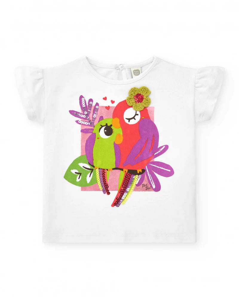 T-shirt bianca per bambina con pappagalli ricamati e paillettes