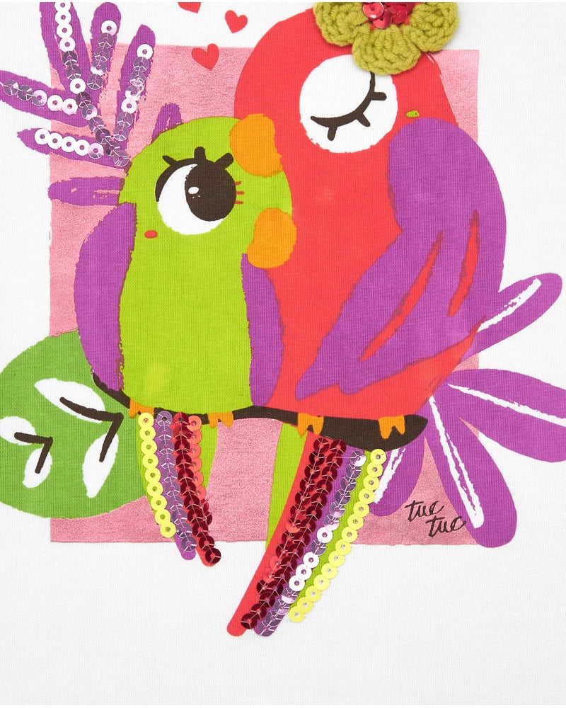 T-shirt bianca per bambina con pappagalli ricamati e paillettes