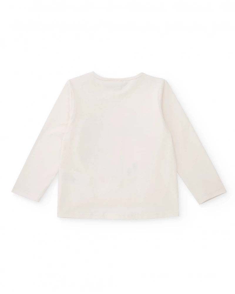 Maglietta color panna da bambina con stampa musicale e glitter