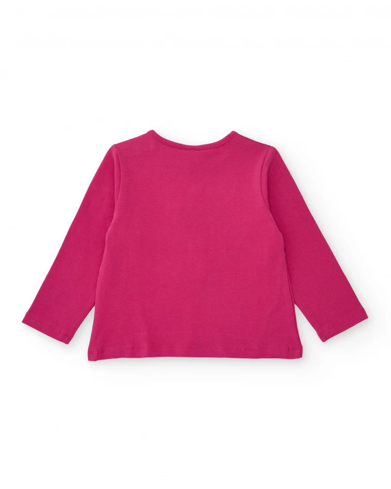 Maglietta fucsia da bambina con stampa di gatto e fiori