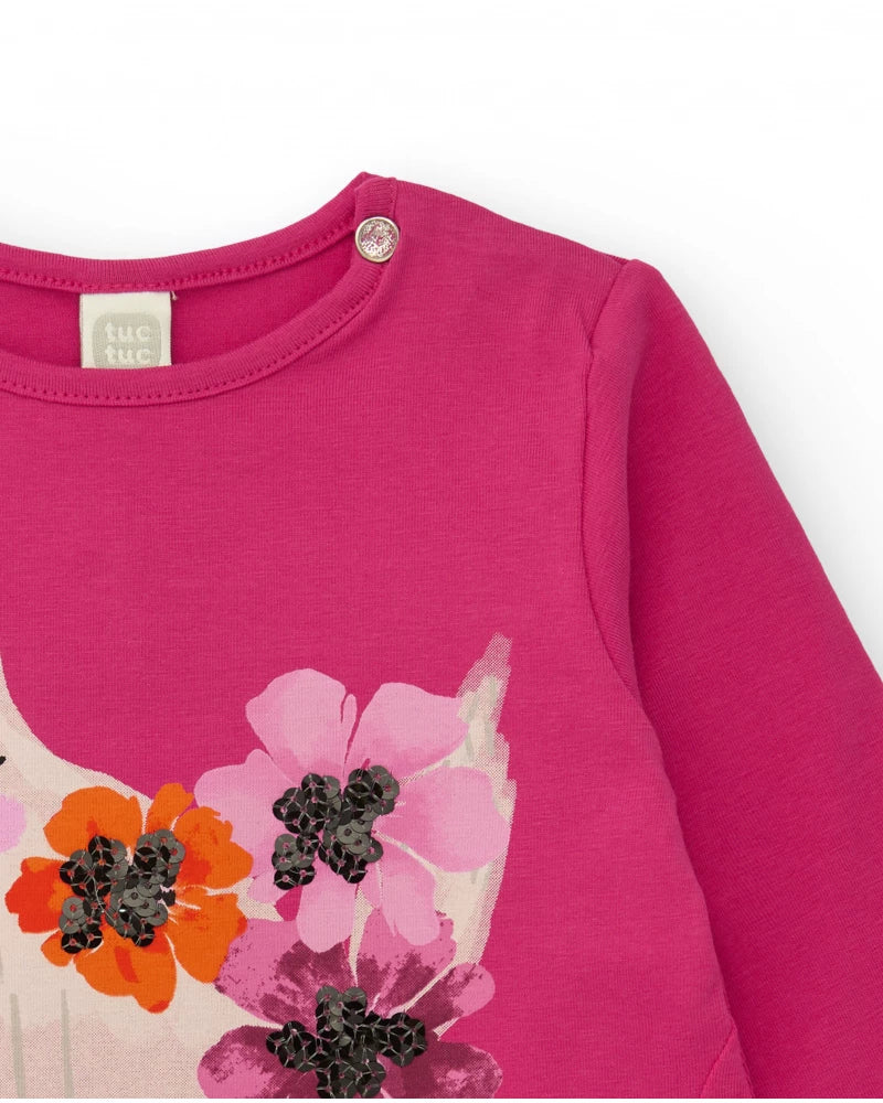 Maglietta fucsia da bambina con stampa di gatto e fiori