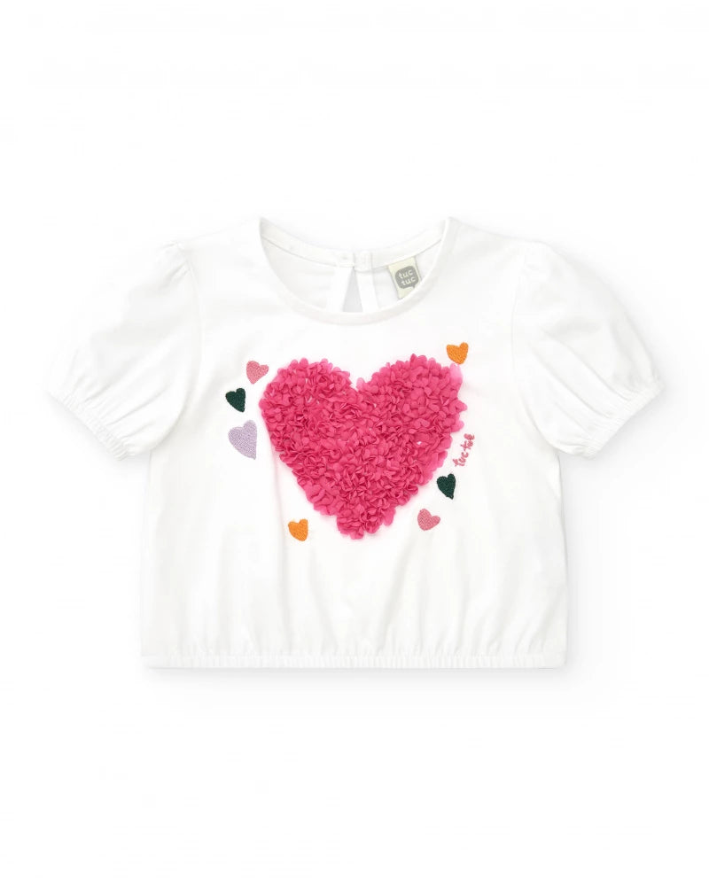 T-shirt per bambina bianca con maniche a sbuffo e arricciature