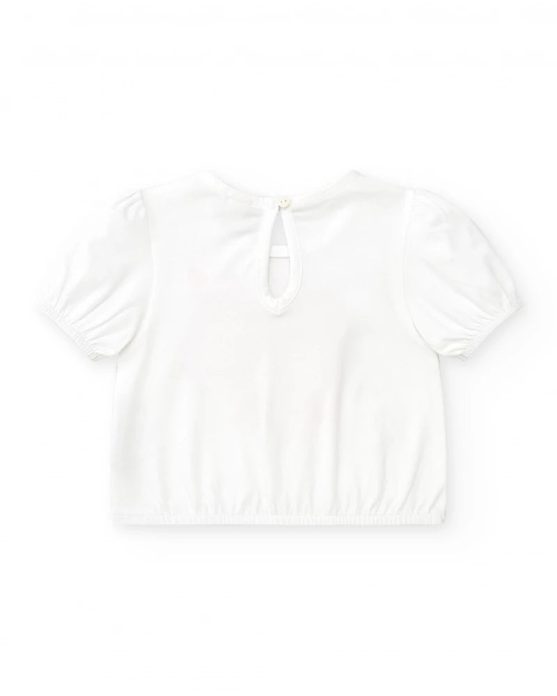 T-shirt per bambina bianca con maniche a sbuffo e arricciature
