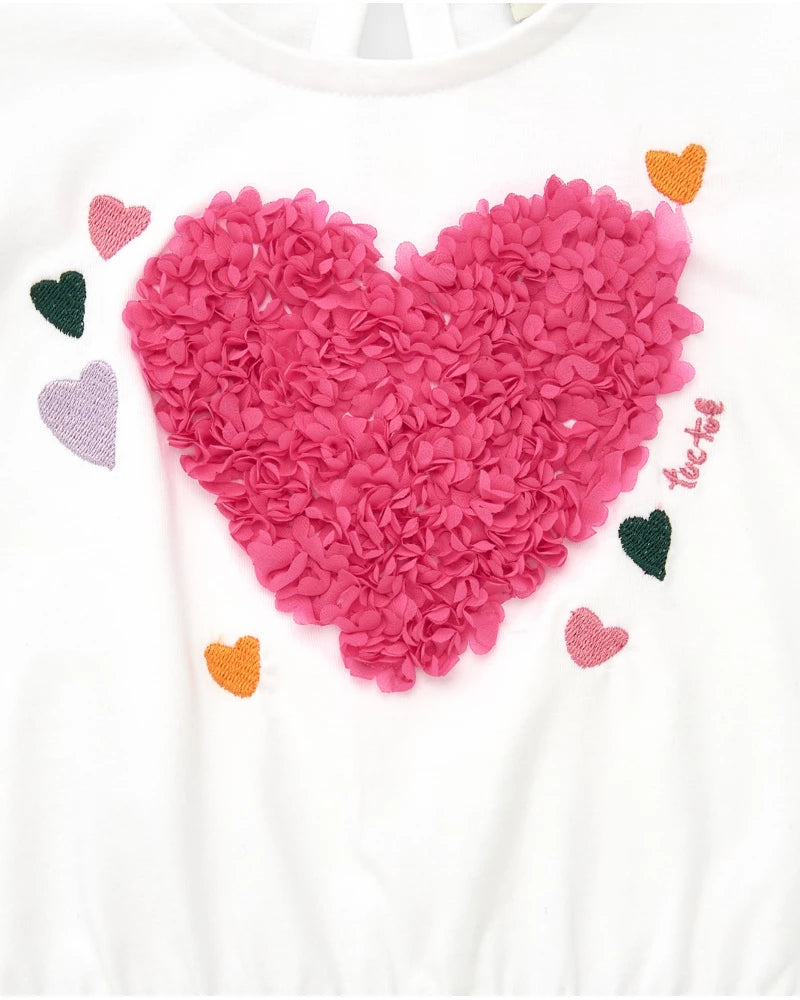 T-shirt per bambina bianca con maniche a sbuffo e arricciature