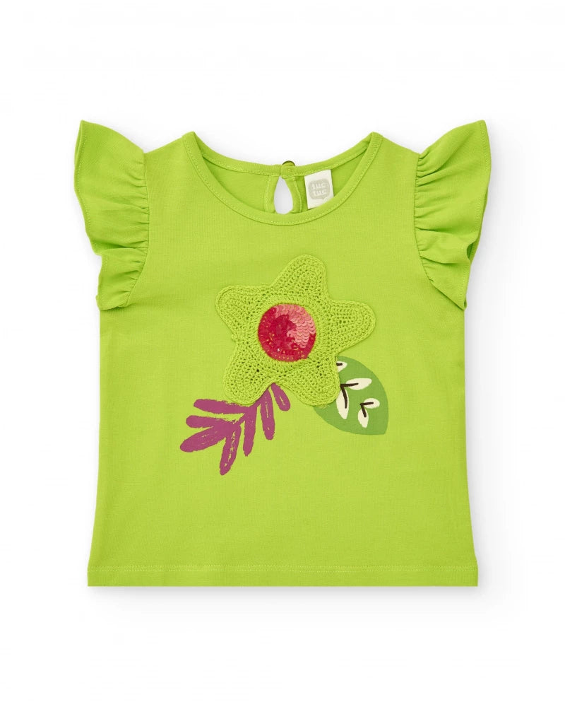 T-shirt verde per bambina con volant e fiore in crochet