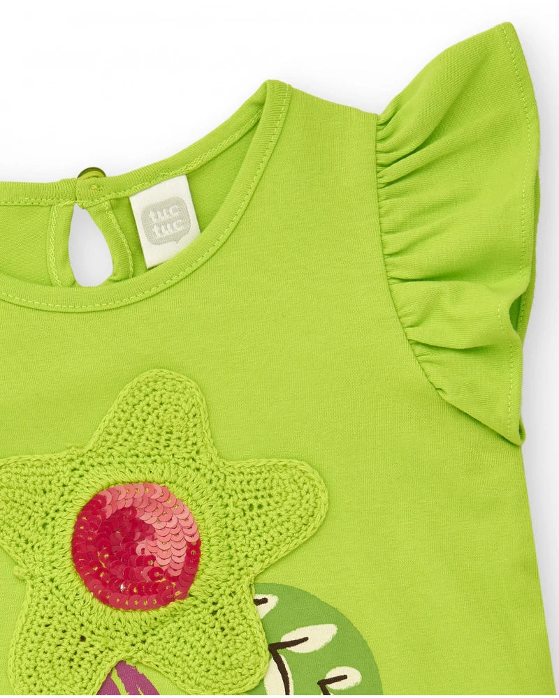 T-shirt verde per bambina con volant e fiore in crochet
