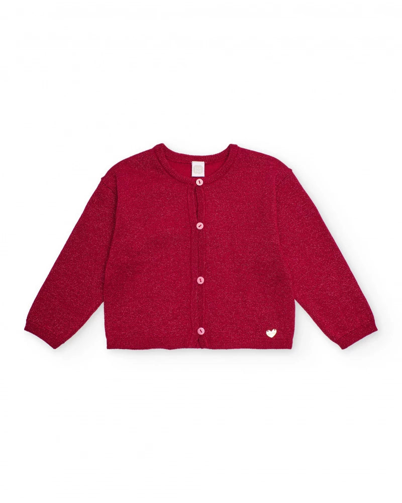 Cardigan bambina in maglia brillante color ciliegia