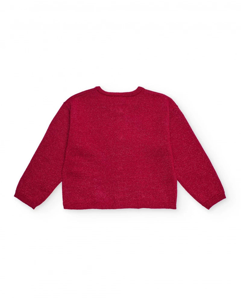 Cardigan bambina in maglia brillante color ciliegia