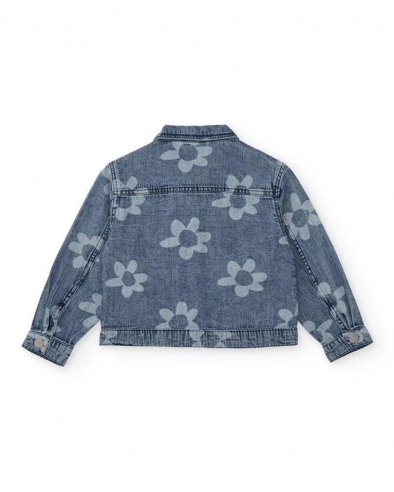 Giubbotto  in denim blu da bambina con stampa floreale