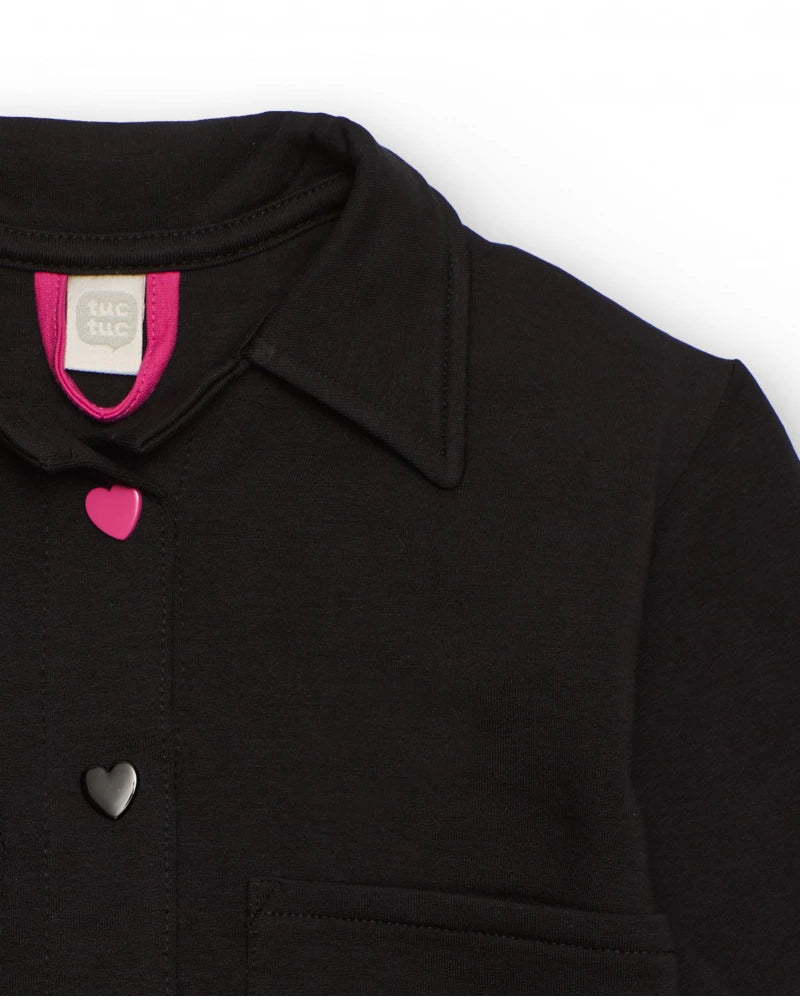Giacca nera per bambina con bottoni a cuore e fiore sul retro